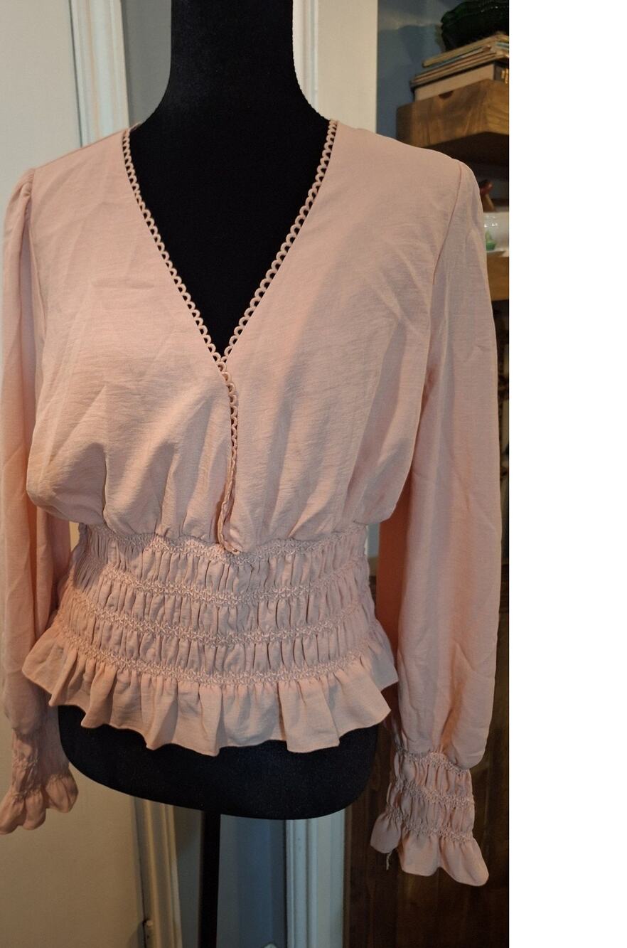 WAYF Pink Solid V-Neck Long Sleeve Smocked Ruffle Hem Cropped Blouse L